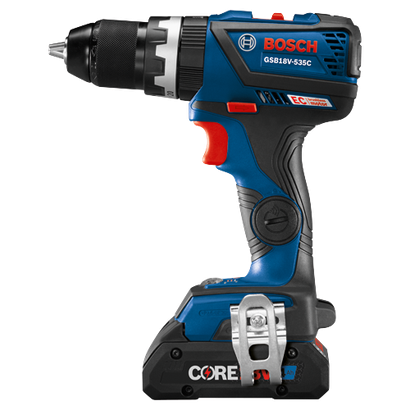 Bosch GSB18V-535C cordless drill with a CORE 4Ah battery.