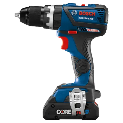 Bosch GSB18V-535C cordless drill with a CORE 4Ah battery.