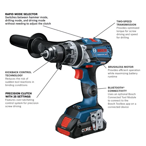 Bosch GSB18V-975C HD drill with RAPID MODE SELECTOR, KICKBACK CONTROL TECHNOLOGY, PRECISION CLUTCH WITH 25 SETTINGS, TWO-SPEED TRANSMISSION, BRUSHLESS MOTOR, and BLUETOOTH® CONNECTIVITY.