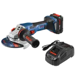 Bosch GWS18V-13C HD angle grinder with CORE18V 8Ah battery and charger. Charger with "AMP Share!", "FAST" visible.