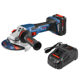 Bosch GWS18V-13C HD angle grinder with CORE18V 8Ah battery and charger. Charger with "AMP Share!", "FAST" visible.