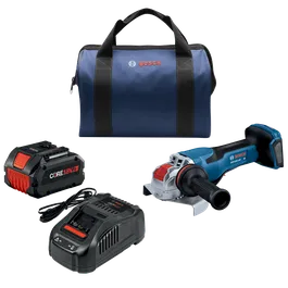 Bosch tool bag, CORE18V 8Ah battery, charger, and GWX18V-13P grinder.