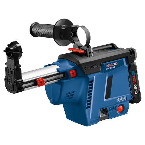 Bosch BULLDOG GDE18V-26D HEPA filter tool, with CORE18V 4Ah battery.