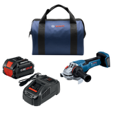 Bosch GWS18V-13P cordless angle grinder, charger, CORE18V 8.0 Ah battery, and tool bag.