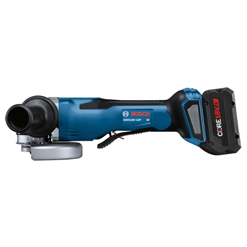 Bosch GWS18V-13P angle grinder, CORE18V 8Ah battery.