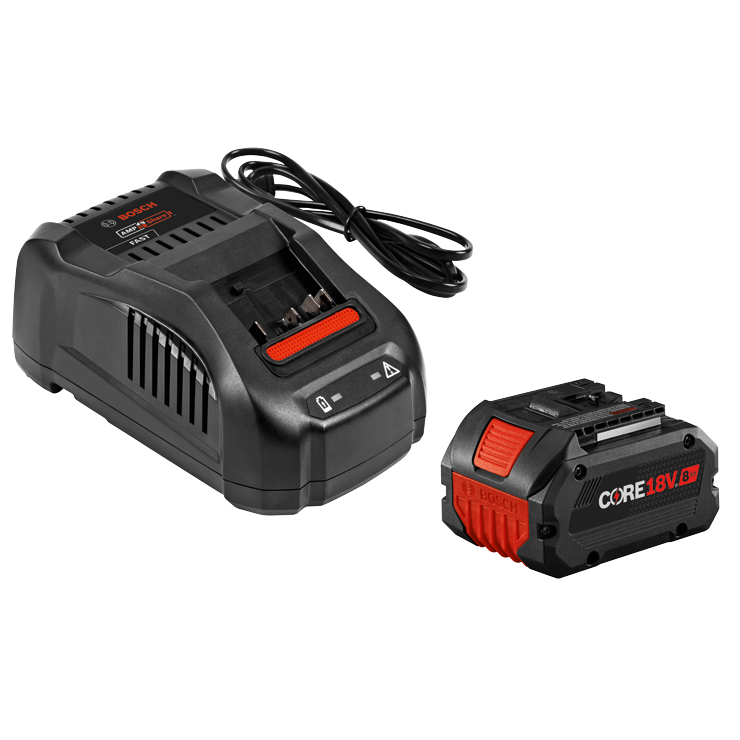 Bosch AMP Share Fast charger and CORE18V 8Ah battery.