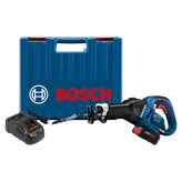 Bosch GSA18V-125 HD reciprocating saw kit, blue case, blade, and charger.