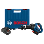 Bosch GSA18V-125 HD reciprocating saw kit, blue case, blade, and charger.