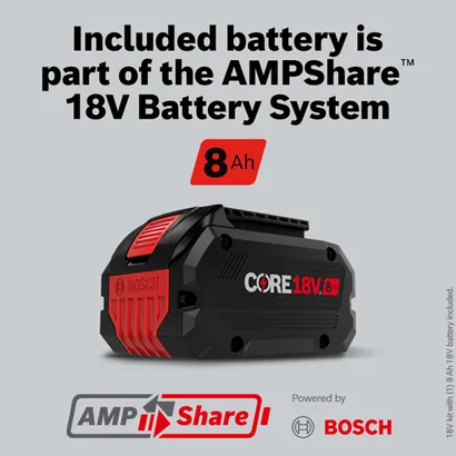 Bosch CORE18V 8Ah battery, part of the AMPShare 18V Battery System.