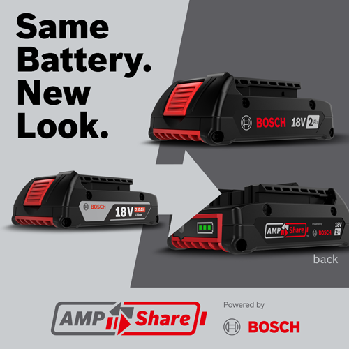 Same Battery. New Look. Bosch 18V 2.0Ah Li-Ion, 18V 2Ah, and 18V 2Ah batteries. "Powered by Bosch" and "AMP Share" logos.