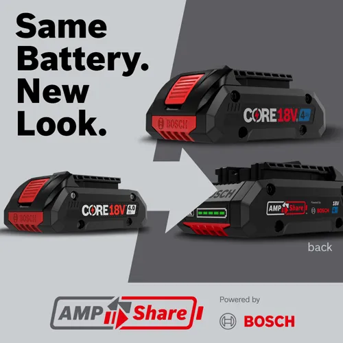Bosch CORE 18V 4.0Ah battery, with "Same Battery. New Look." text and "AMP Share" logo.