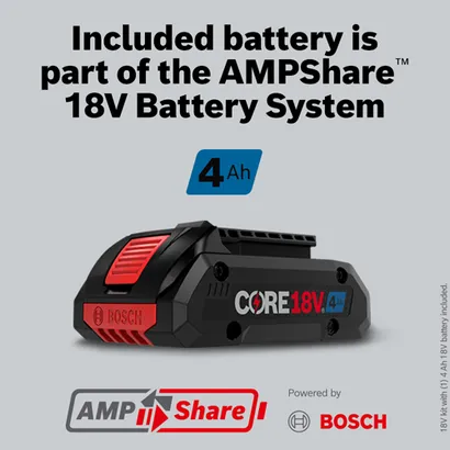 Bosch CORE18V 4 Ah battery, part of the AMPShare 18V Battery System, included in 18V kit.