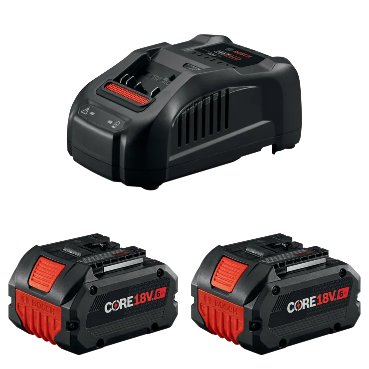 Bosch battery charger and two CORE18V 6Ah batteries.