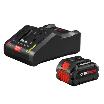 Bosch "ACTIVE AIR COOLING" charger with "POWER BOOST" and Bosch CORE 18V 6Ah battery.