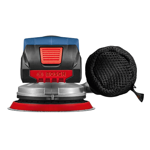 Bosch electric sander with black mesh dust bag.