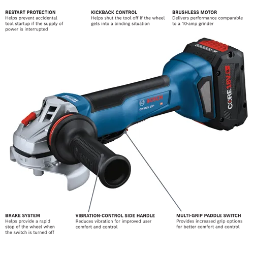 Bosch GWS18V-10P angle grinder, featuring Restart Protection, Kickback Control, Brushless Motor, Brake System, Vibration-Control Side Handle, and Multi-Grip Paddle Switch.