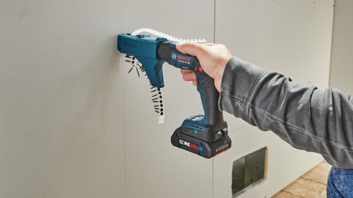 Bosch GTB18V-45 HD drywall screw gun with CORE18V 4.0Ah battery being held by a person.