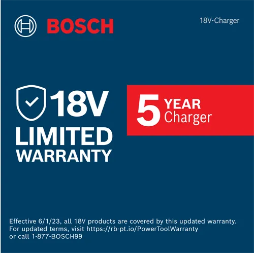 Bosch 18V Limited Warranty with 5 Year Charger, and contact info.