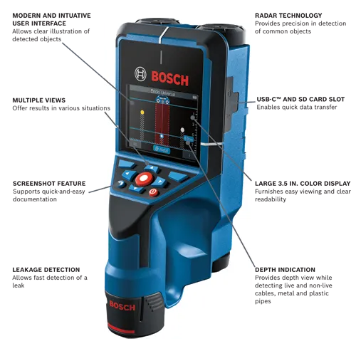 Bosch detection tool with "MODERN AND INTUITIVE USER INTERFACE", "MULTIPLE VIEWS", "SCREENSHOT FEATURE", "LEAKAGE DETECTION", "RADAR TECHNOLOGY", USB-C™ AND SD CARD SLOT, LARGE 3.5 IN. COLOR DISPLAY, and DEPTH INDICATION features.
