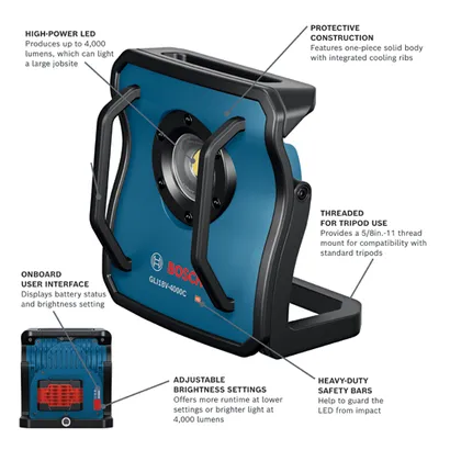 Bosch GLI18V-4000C HD LED work light, with adjustable brightness settings, and heavy-duty safety bars.