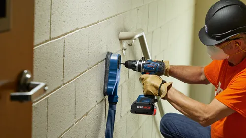 Bosch GSB18V-1300C Turbo brushless drill with CORE18V battery being used by a person wearing safety gear to drill a hole in a concrete block wall.