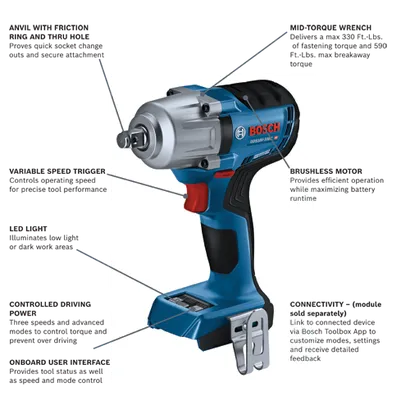 Bosch GDS18V-330 HD mid-torque wrench with a max of 330 Ft.-Lbs. of fastening torque and 590 Ft.-Lbs. max breakaway torque; features include an anvil with friction ring and thru hole, variable speed trigger, LED light, controlled driving power, onboard user interface, brushless motor, and connectivity (module sold separately).