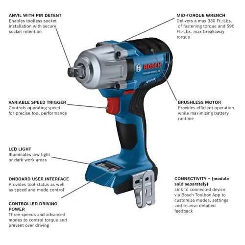 Bosch GDS18V-330PC HD mid-torque wrench with max 330 Ft.-Lbs. fastening torque, Brushless Motor, Variable Speed Trigger, Onboard User Interface, Controlled Driving Power, LED Light, and Connectivity.