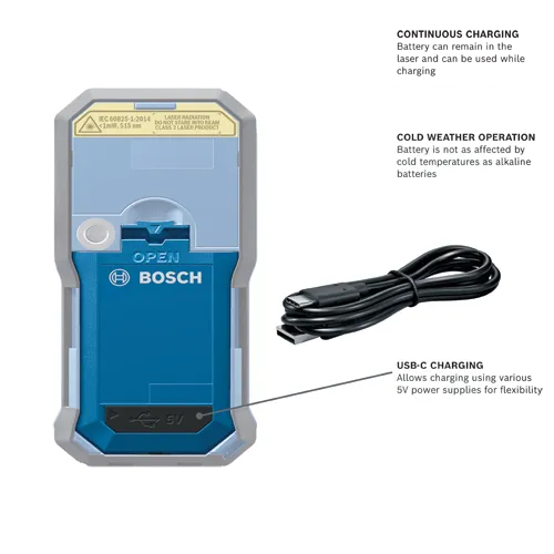 Bosch laser product with IEC 60825-1:2014, <1mW, 515 nm, USB-C charging, 5V, continuous charging, and cold weather operation.