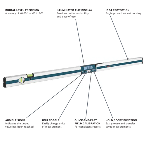Bosch Professional GIM 120 digital level, with Illuminated Flip Display, IP 54 Protection, Audible Signal, Unit Toggle, Quick-and-Easy Field Calibration, and Hold/Copy Function.
