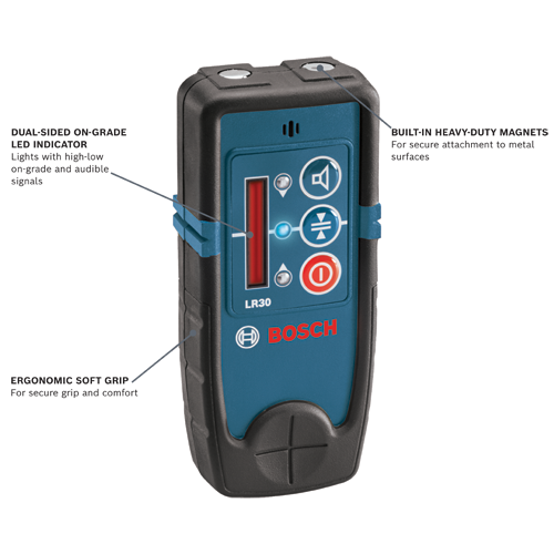 Bosch LR30 Dual-sided On-grade LED indicator with ergonomic soft grip and built-in heavy-duty magnets.