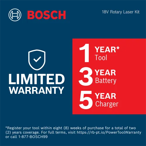 Bosch 18V Rotary Laser Kit, Limited Warranty with 1 Year Tool, 3 Year Battery, 5 Year Charger. Register within eight weeks for two years coverage; see https://rb-pt.io/PowerToolWarranty or call 1-877-BOSCH99.