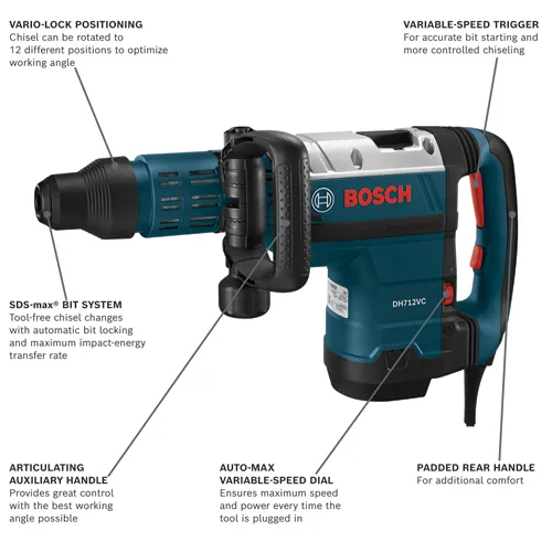 Bosch DH712VC hammer drill with VARIO-LOCK POSITIONING, SDS-max® BIT SYSTEM, ARTICULATING AUXILIARY HANDLE, AUTO-MAX VARIABLE-SPEED DIAL, PADDED REAR HANDLE, and VARIABLE-SPEED TRIGGER.