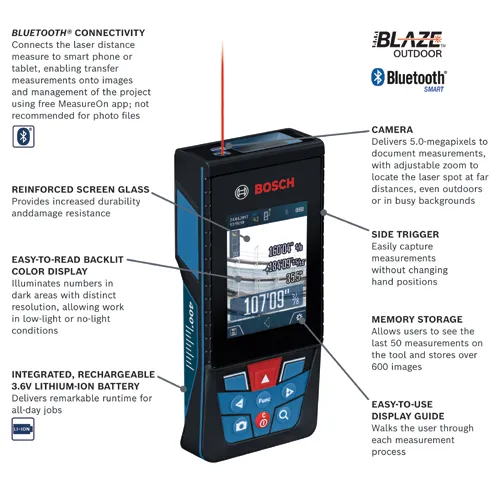 Bosch BLAZE OUTDOOR laser distance measure with Bluetooth connectivity, camera, memory storage, and 3.6V Lithium-Ion battery.