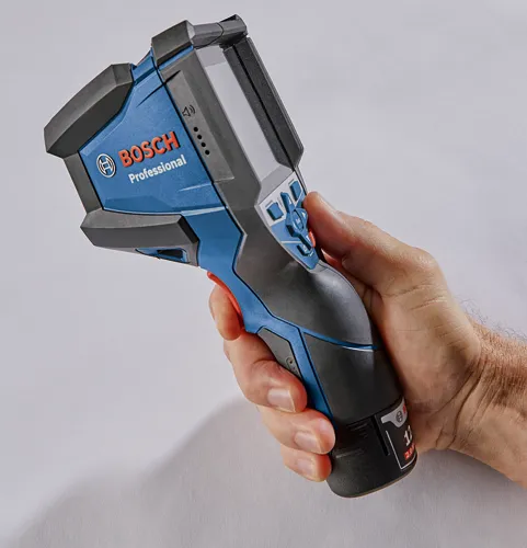 Bosch Professional thermal camera, held in a person's hand, with "Bosch Professional" text and 12V 2.0 Ah battery.