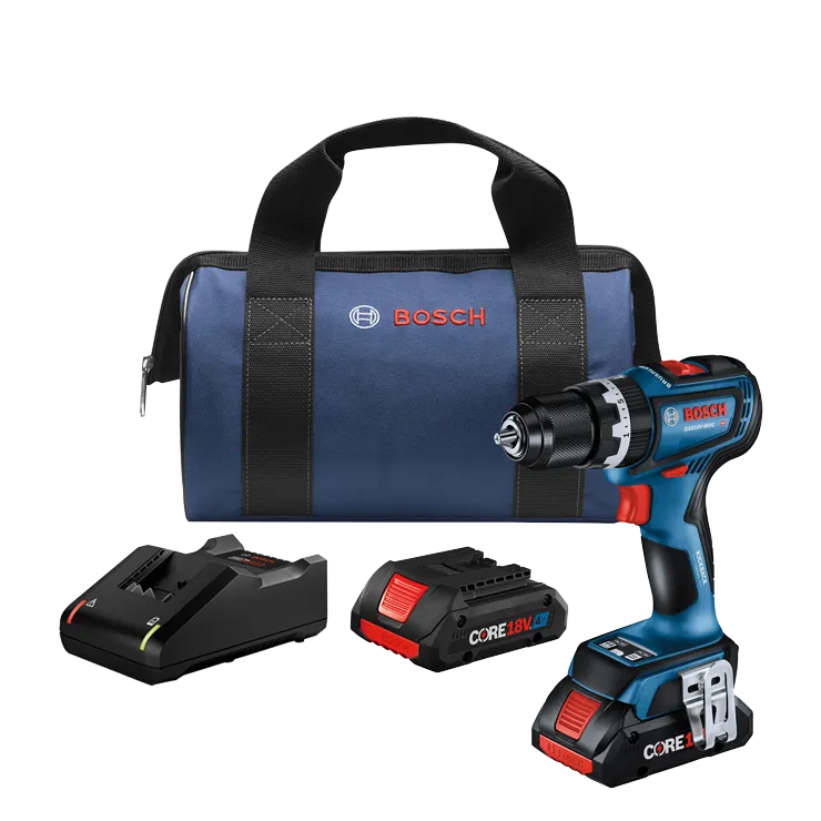 Bosch GSB18V-800C brushless drill, bag, charger, and two CORE18V 4Ah batteries.