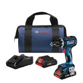 Bosch GSB18V-800C brushless drill, bag, charger, and two CORE18V 4Ah batteries.