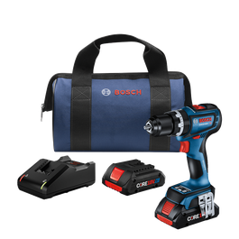 Bosch GSB18V-800C brushless drill, bag, charger, and two CORE18V 4Ah batteries.