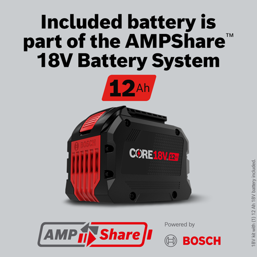 Bosch CORE18V 12 Ah battery, part of the AMPShare 18V Battery System.