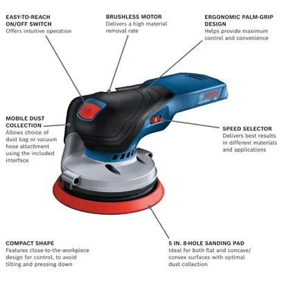 Bosch GEX18V-5 HD sander, with Easy-to-reach ON/OFF SWITCH, Brushless Motor, Ergonomic Palm-Grip Design, Mobile Dust Collection, Speed Selector, Compact Shape and 5 IN. 8-Hole Sanding Pad.