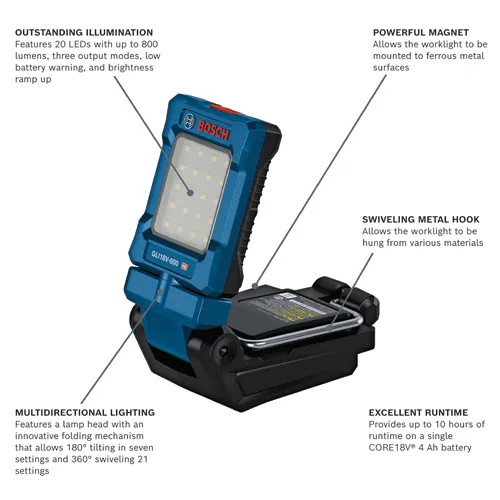 Bosch GLI18V-800 HD worklight, features 20 LEDs, 800 lumens, three output modes, swiveling metal hook, multidirectional lighting, and 10 hours runtime.