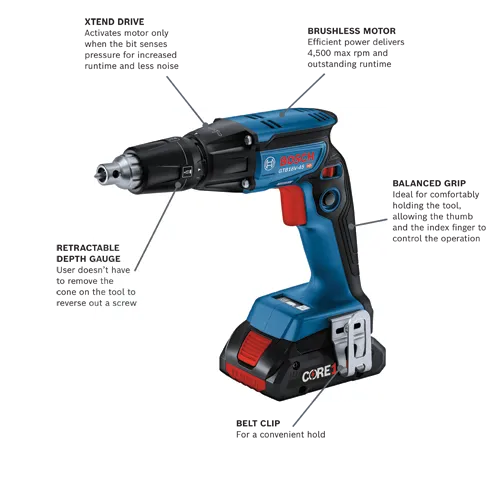 Bosch GTB18V-45 HD drill, with XTEND DRIVE, BRUSHLESS MOTOR delivering 4,500 max rpm, RETRACTABLE DEPTH GAUGE, BELT CLIP, and BALANCED GRIP.
