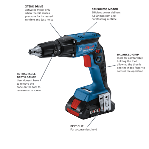 Bosch GTB18V-45 HD drill, with XTEND DRIVE, BRUSHLESS MOTOR delivering 4,500 max rpm, RETRACTABLE DEPTH GAUGE, BELT CLIP, and BALANCED GRIP.