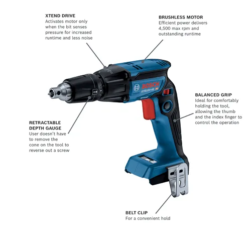 Bosch GTB18V-45 HD drill, with XTEND DRIVE, Brushless Motor delivering 4,500 max rpm, Retractable Depth Gauge, Balanced Grip and Belt Clip.