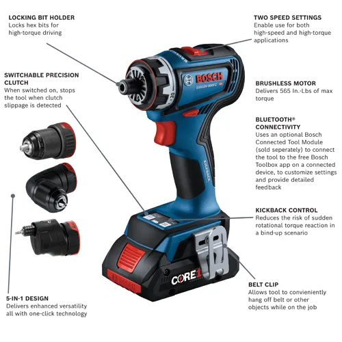 Bosch GSR18V-800FC HD cordless drill with features including locking bit holder, switchable precision clutch, 5-in-1 design, two speed settings, brushless motor, Bluetooth connectivity, kickback control, and belt clip.