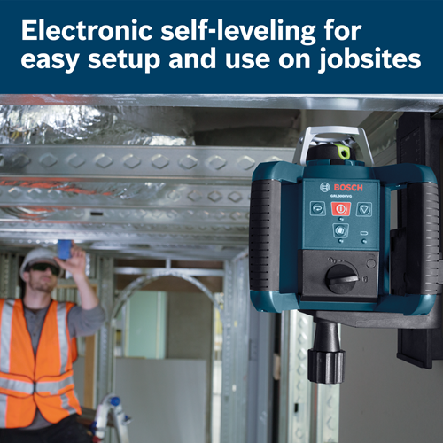 Bosch GRL300HVG self-leveling laser on a construction site, with a worker.