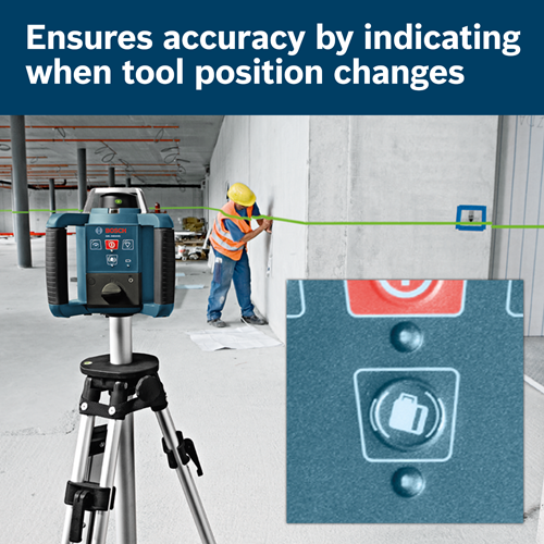 Bosch laser level, tripod, and a worker in an orange vest, using a green laser line.