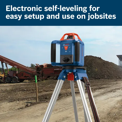 Bosch Professional GRL1000-20HVK electronic self-leveling laser level on a tripod on a jobsite.