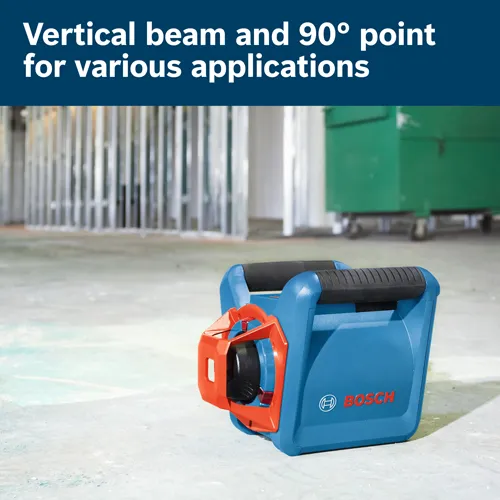 Vertical beam and 90° point for various applications. Bosch, a blue and orange tool with "BOSCH" logo.