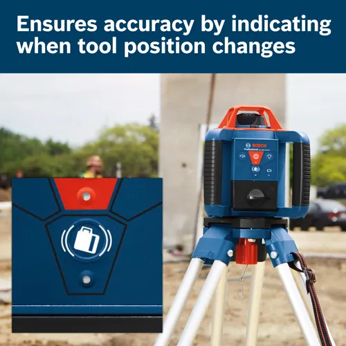 Ensures accuracy by indicating when tool position changes. Bosch Professional GRL1000-20HVK leveler on tripod with red top and a blue base with red and white markings, and a separate inset with a white icon against a blue background.