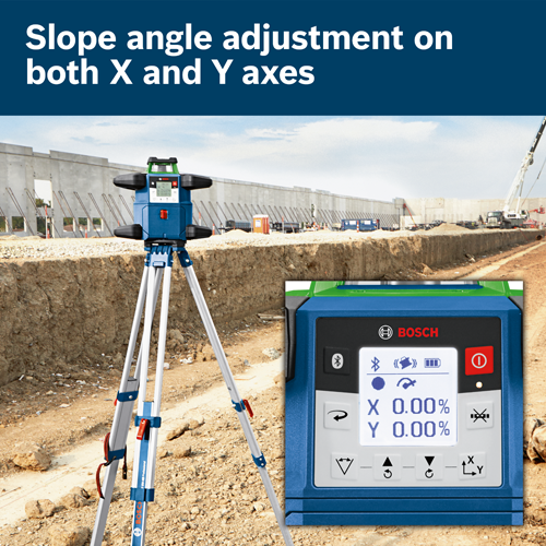 Bosch level with "Slope angle adjustment on both X and Y axes", displays X 0.00%, Y 0.00%, and a power button.
